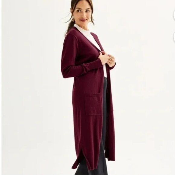 Classic Vintage Charm Nine West Long Duster Cardigan Sweater in Plum Burgundy - Picture 1 of 4